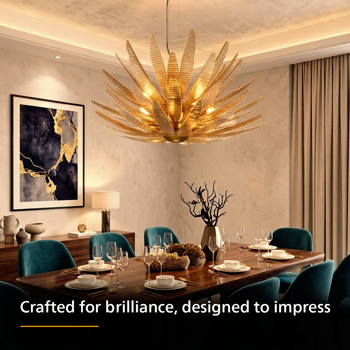 A modern living room featuring a large Philips Flaris 12H Gold E14 chandelier with a gold-toned sunburst design hanging from the ceiling. The room includes a beige sectional sofa, a round black and gold coffee table, and a large potted plant.